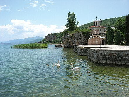 Kališta Monastery sits right on the lake