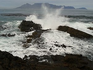 Robben Island coast. View of Table Mountain