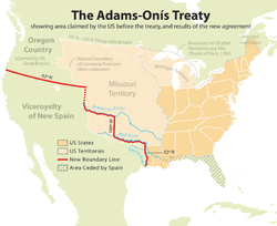 The Adams-Onis Treaty of 1819 established the border between the U.S. and Mexico at the Arkansas River in Colorado. Adams onis map.png