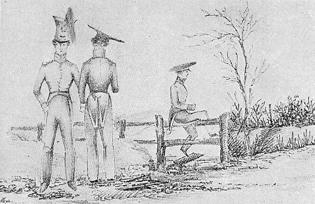 Addiscombe cadets sketched by fellow cadet George Girdwood Channer in 1826–27