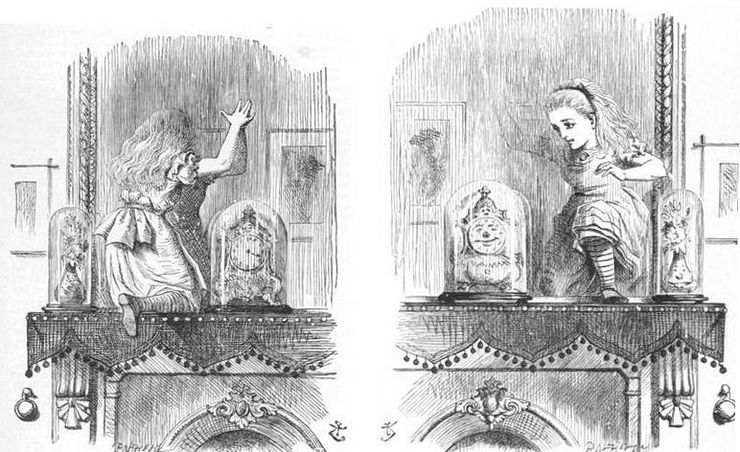 Alice steps through the looking-glass; illustration by Sir John Tenniel.