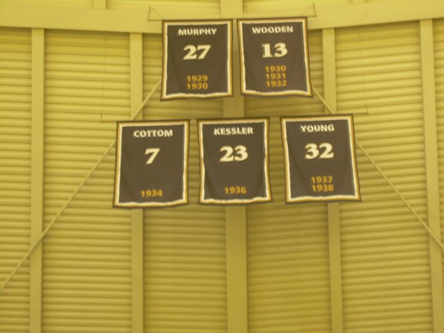 Honored players' banners as displayed at Mackey Arena: Charles "Stretch" Murphy, John Wooden, Norm Cottom, Robert Kessler, and Jewell Young