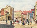 Der Altonaer Fischmarkt mit dem Minervabrunnen in der Mitte des 19. Jahrhunderts, Lithographie von Wilhelm Heuer