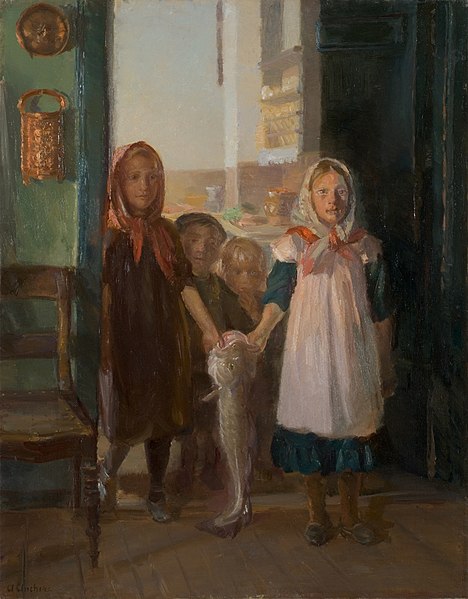 File:Anna Ancher, Skagener kinder tragen einen dorsch herein,o.dat, Museum Kunst der Westküste.jpg