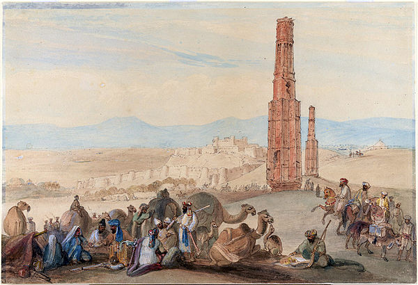 A 19th-century artwork by James Atkinson showing Ghazni's citadel and the Ghazni Minarets, which were built by Mas'ud III and Bahram-Shah during the G