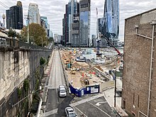 Construction of the Barangaroo railway station, which will serve part of the rapid transit system Sydney Metro upon opening in 2024 Barangaroo railway station construction site April 2022.jpg