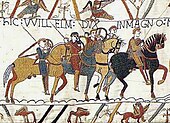 The Bayeux Tapestry depicting events leading to the Battle of Hastings in 1066 Bayeux Tapestry WillelmDux.jpg