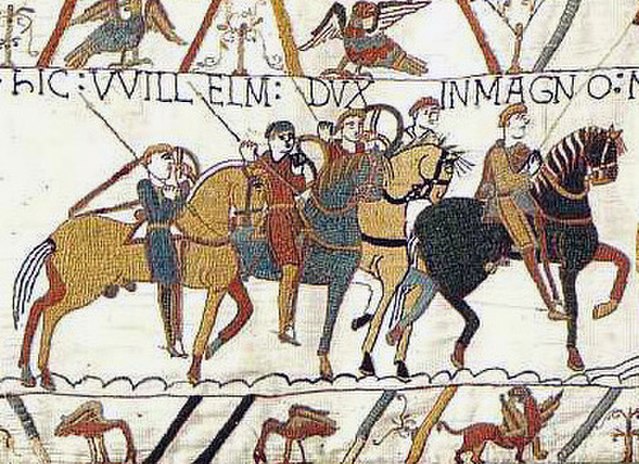 The Bayeux Tapestry depicts the Battle of Hastings, 1066, and the events leading to it.