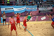 Deutsch: Beachhandball bei den Olympischen Jugendspielen 2018; Tag 5, 10. November 2018; Jungen, Hauptrunde - Ungarn-Portugal 0:2 English: Beach handball at the 2018 Summer Youth Olympics at 11 October 2018 – Boys Main Round – Hungary-Portugal 0:2