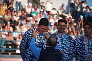 Deutsch: Beachhandball bei den Olympischen Jugendspielen 2018 in Buenos Aires; Tag 7, 13. Oktober 2018; Medaillenzeremonie Jungs - Gold: Spanien, Silber: Portugal, Bronze: Argentinien English: Beach handball at the 2018 Summer Youth Olympics in Buenos Aires at 13 October 2018 – Medal Ceremony Boys - Gold: Spain, Silver: Portugal, Bronze: Argentina Español: Handball de playa en los Juegos Olimpicos de la Juventud Buenos Aires 2018 en 13 de octubre de 2018 – Medalla Ceremonia para niños - Oro: España, Plata: Portugal, Bronce: Argentina