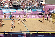 Deutsch: Beachhandball bei den Olympischen Jugendspielen 2018; Tag 3, 9. Oktober 2018; Jungs, Vorrunde, Gruppe B - Argentinien-Hongkong 2:0 English: Beach handball at the 2018 Summer Youth Olympics at 9 October 2018 – Girls Preliminary Round Group B – Argentina-Hing Kong 2:0