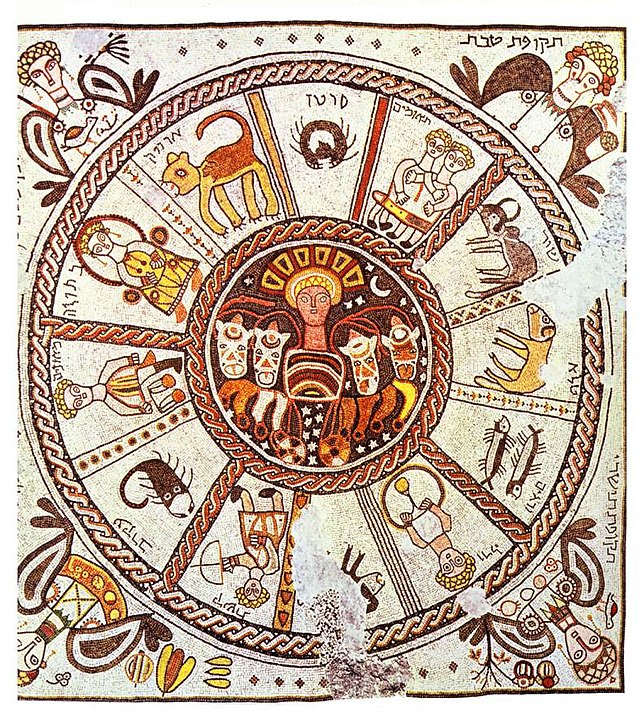 Byzantinisches Mosaik des Zodiaks aus dem 6. Jahrhundert in der Beth Alpha Synagoge im Norden von Israel.