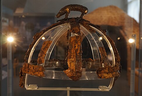 The boar crested Benty Grange helm on display in Sheffield