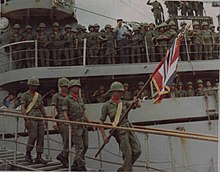 Black Panther Division colors come off USS Okanogan, Newport, 29 July 1968 Black Panther colors, Newport July 1968.jpg