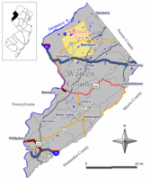 Map of Blairstown Township in Warren County. Inset: Location of Warren County highlighted in the State of New Jersey.