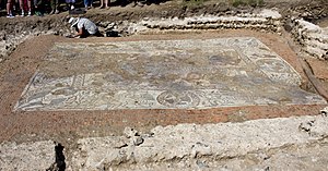 The mosaic revealed, as an archaeologist continues work on the walls