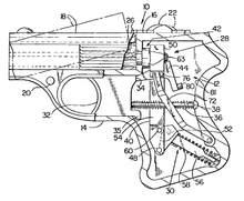 Drawing from US patent 4,407,085, covering the COP Derringer operating mechanism COP patent 4407085.png