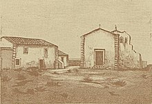 Engraving of a house and chapel inside the Fortress, taken from the newspaper O Ocidental No. 548, 1894 Casa e capela do Infante em Sagres - Occidente 548 1894.jpg