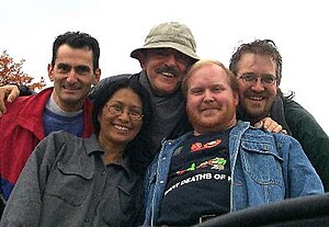 John Astin (center) with production crew of show Cast and Crew Once upon a Midnight1.jpg