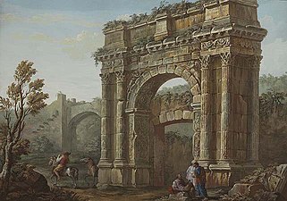 18th-century artwork by Charles-Louis Clérisseau showing the Arch of the Sergii and the original gateway (the Porta Aurea), which it was built against.