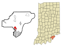 Clark County Indiana -yhtiössä olevat ja rekisteröimättömät alueet Sellersburg Highlighted.svg