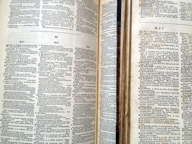 Close up of pages for M entries in the Folio and Abridged Dictionaries of 1755 and 1756 by Samuel Johnson