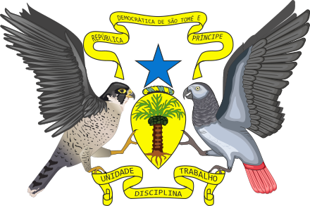 A Red-footed falcon and a Grey parrot are used as supporters in the Coat of arms of São Tomé and Príncipe, an example of birds in heraldry.