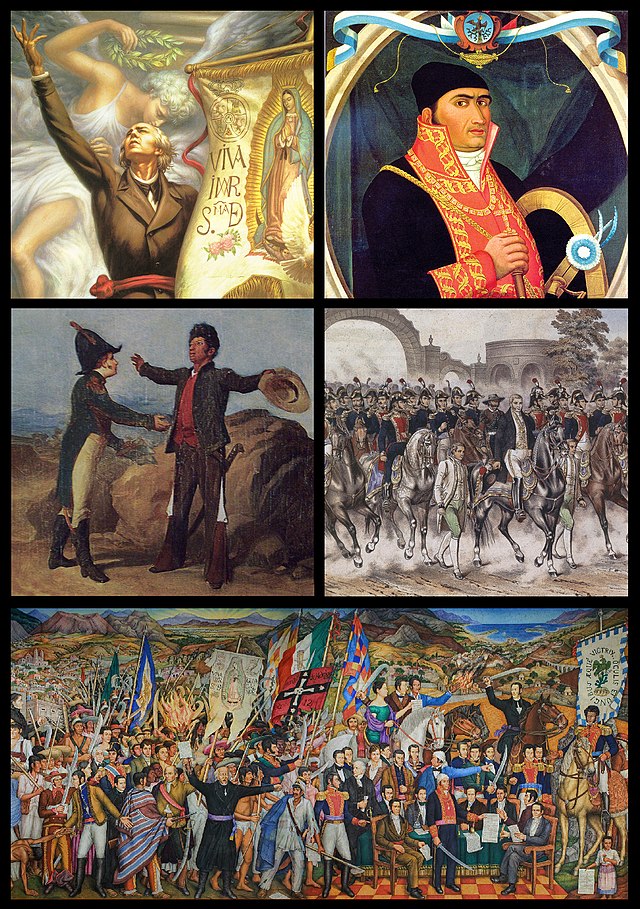 Balról jobbra és föntről lefelé: Miguel Hidalgo y Costilla, José María Morelos, az acatempani ölelés, a Három Garancia Hadserege Mexikóvárosban, Juan O'Gorman falfestménye a háborúról