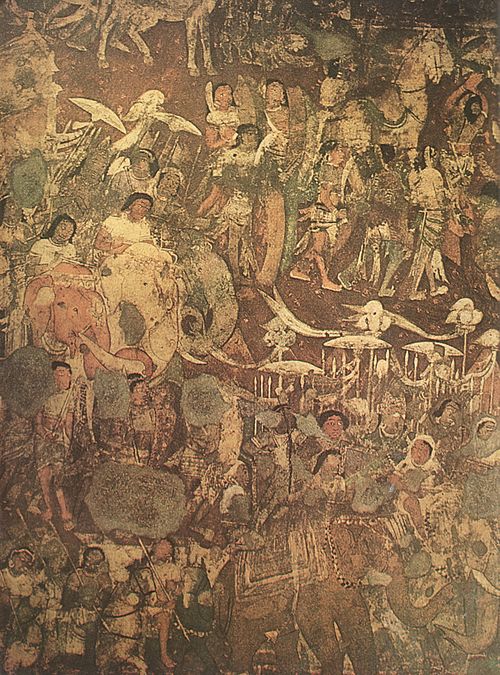 A section of the mural from Ajanta Cave 17 depicts the "coming of Sinhala". Prince Vijaya is seen in both groups of elephants and riders.