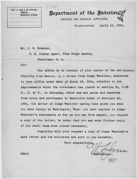 File:Commissioner of Indian Affairs W.A. Jones to Indian Agent John R. Brennan. - NARA - 285152.tif