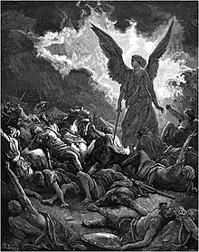 Wood engraving by Gustave Doré depicting the Biblical narrative of an angel destroying Sennacherib's army outside Jerusalem