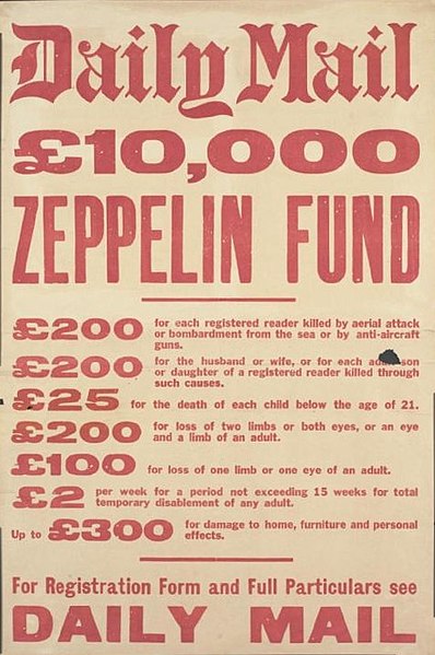 Advertisement by the Daily Mail for insurance against Zeppelin attacks during the First World War