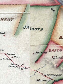 Detail of Jasrota from a map of the various Hill States of the Punjab Hills region, copied in 1852. Parts of its borders has not been fully demarcated on the map.