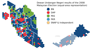 Equal-area representation of state constituencies as elected in 2008 Dewan Undangan Negeri 2008 Equal Area.svg