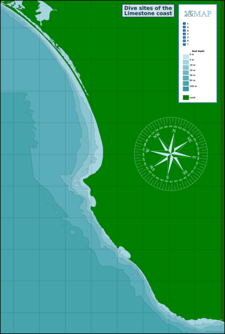 Map showing the locations of recreational dive sites of the Limestone coast