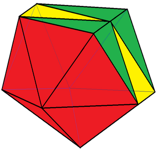 Edge-contracted icosahedron polyhedron with 18 triangular faces