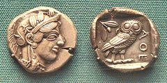 Image 14Early Athenian coin, depicting the head of Athena on the obverse and her owl on the reverse – 5th century BC (from Ancient Greece)