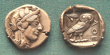Early Athenian coin, depicting the head of Athena on the obverse and her owl on the reverse – 5th century BC