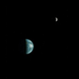 Earth and Moon from Mars, imaged by Mars Global Surveyor on May 8, 2003, 13:00 UTC. South America is visible. Earth and Moon from Mars PIA04531.jpg