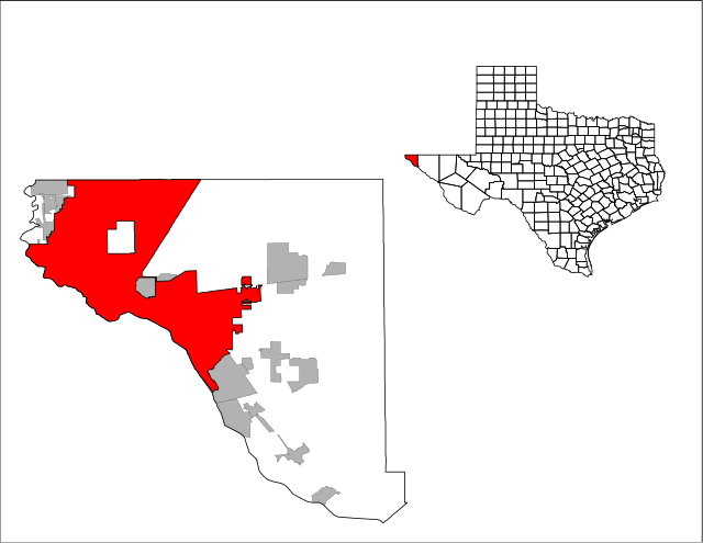 右上: テキサス州におけるエルパソ郡の位置左: エルパソ郡におけるエルパソの市域の位置図
