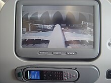 The personal entertainment system (ICE) on an Emirates Airbus A380 showing the view of Dubai International Airport from the tail-mounted camera Emirates A380 seat-back screen with tail camera.jpg