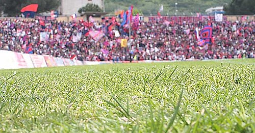 A close-up of a grassed football pitch