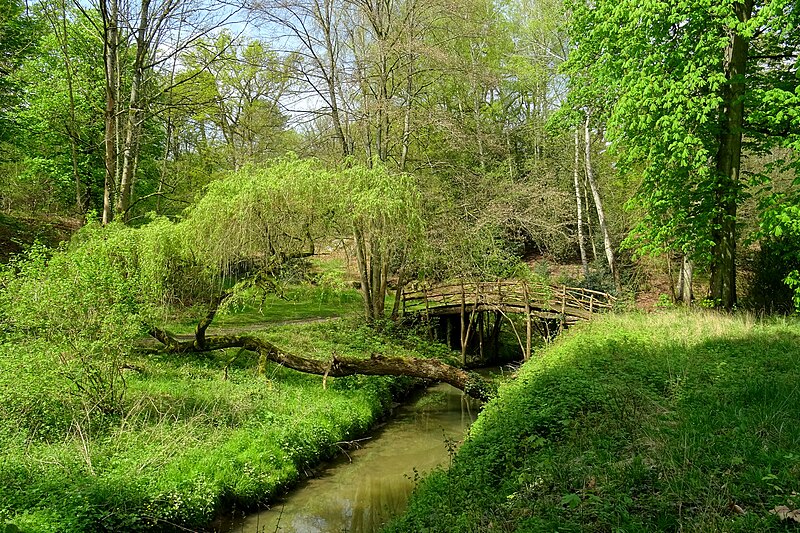 File:Ermenonville (60), parc Jean-Jacques Rousseau, pont rustique sur la Launette entre Petit étang et prairie arcadienne 2.jpg