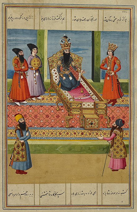Fath-Ali Shah Qajar seated on the Sun Throne flanked by a prince, probably Abbas Mirza, and two gholams with his shield and mace, giving audience to two ministers. Folio from the Shahanshahnameh of Fath 'Ali Khan Saba, dated 1810