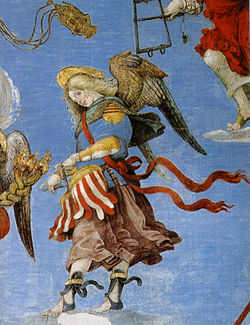 Detail of an angel with drum Filippino lippi, cappella carafa, assunzione, angelo.jpg