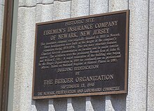 Newark Preservation and Landmarks Committee plaque. Firemens Insurance Newark plaque jeh.jpg