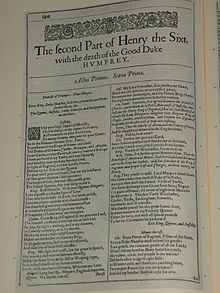 1623 "birinci folyo" baskısında "Second Part of Henry the Sixth" oyunu başsayfası