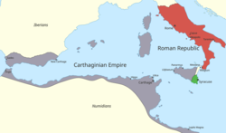 a colour of the western Mediterranean region showing the areas under Roman and Carthaginian control in 264 BC