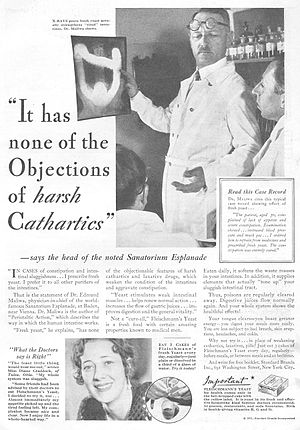 1932 advertisement, promoting cakes of fresh yeast as a laxative and tonic Fleischmann's Yeast advertisement, 1932.jpg