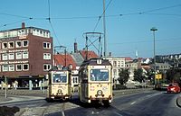 Städtische Straßenbahnen Flensburgs im Oktober 1972 beim Deutschen Haus